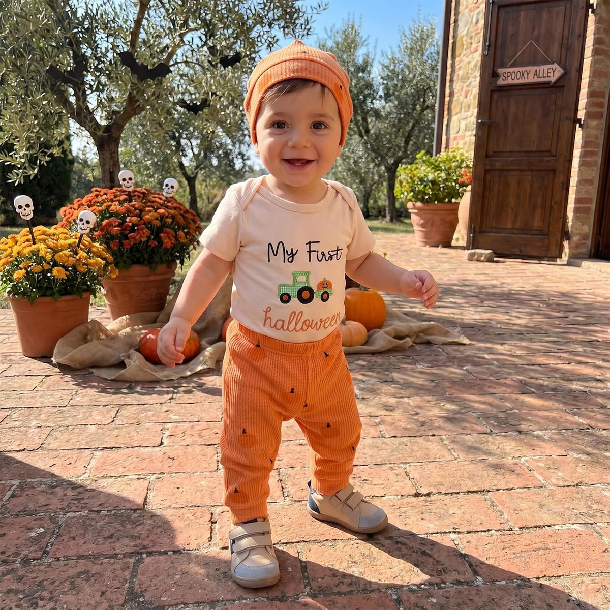 My First Halloween Baby Boy Outfit Short Sleeve Romper + Pumpkin Patch Pants + Hat Newborn Fall Clothes