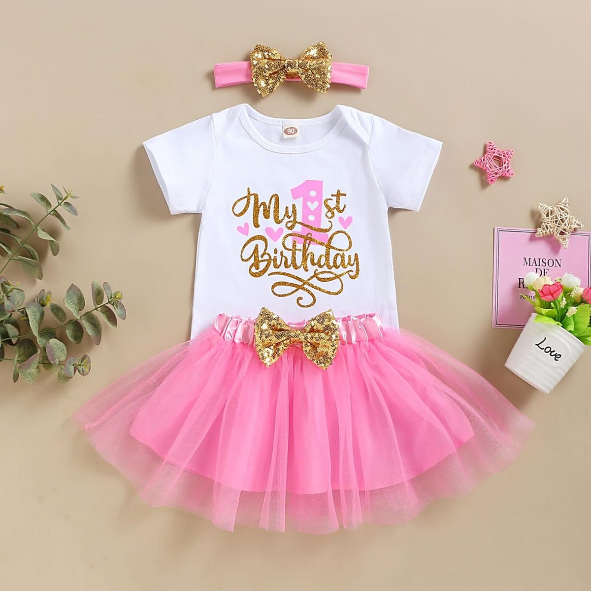 Adorable Toddler Girl's First Birthday Cake Smash Outfit Set - Romper, Tutu Skirt & Matching Headband
