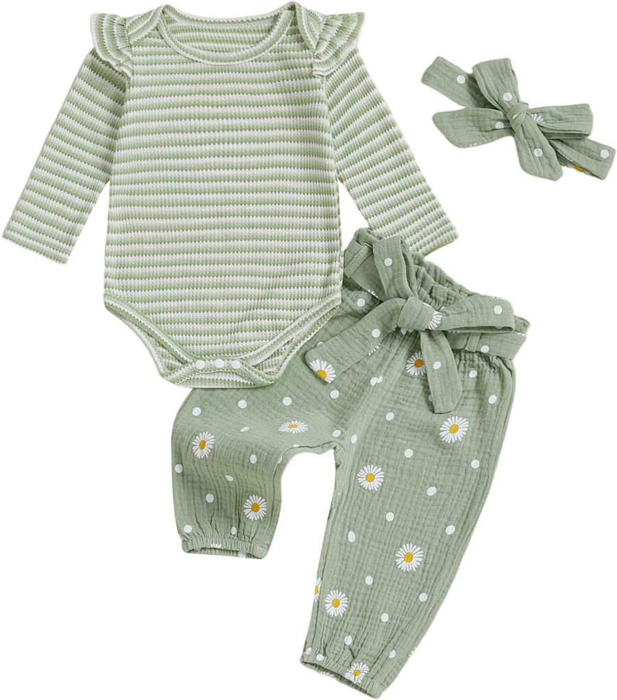 Newborn Infant Girl Clothes Rib Knit Romper Daisy Print Pants Headband Baby Clothes for Girls 0 3 6 12 18 24 Months