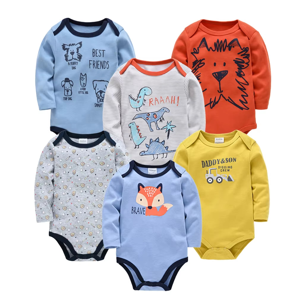 6-Piece Set of Long Sleeve 100% Cotton Bodysuits for Infants Aged 0-12 Months