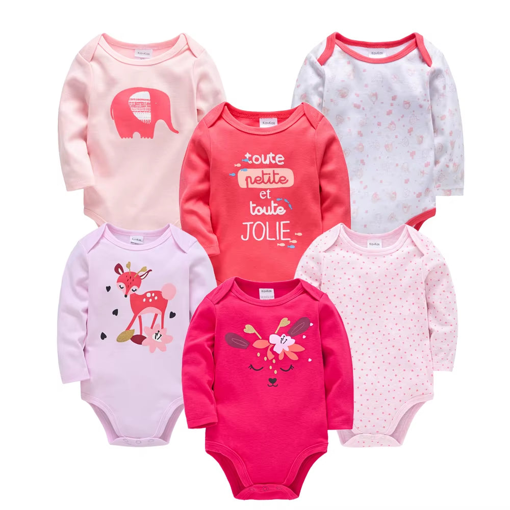 6-Piece Set of Long Sleeve 100% Cotton Bodysuits for Infants Aged 0-12 Months