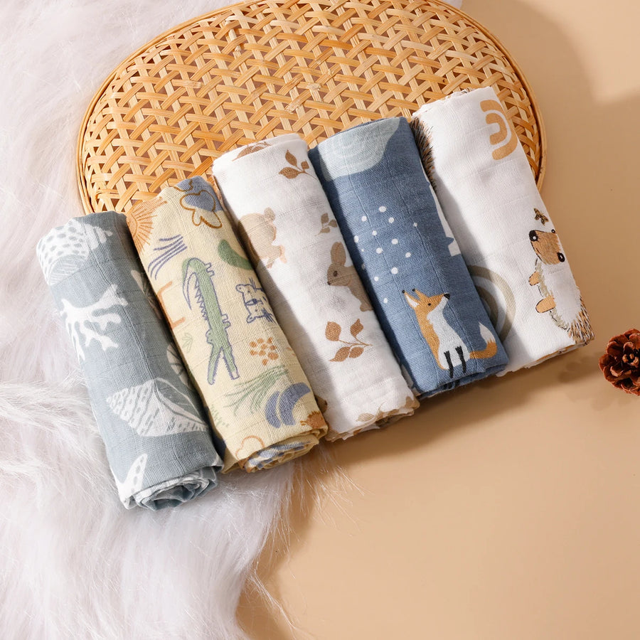 Luxurious 5-Piece Soft Muslin Swaddle and Burp Cloth Set for Newborns - Pure Cotton Face and Hand Wipes