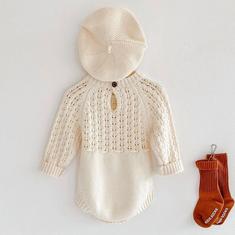 Charming Hollow Out Long Sleeve Knit Romper for Baby Girls - Perfect for Spring and Autumn