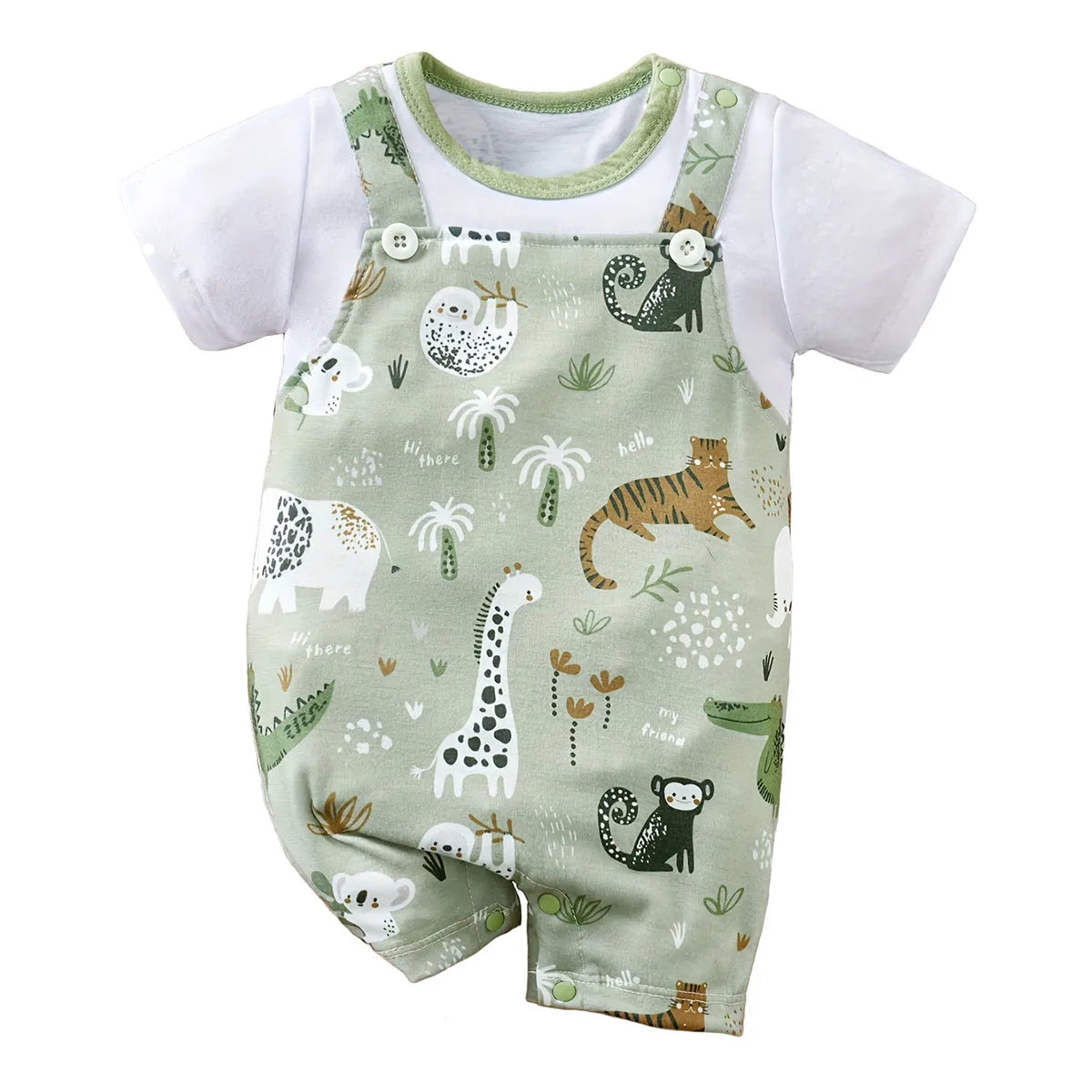 Adorable Infant Zoo Animal Print Romper for Boys - Stylish Newborn Faux Two-Piece Bodysuit with Short Sleeves for Playtime Fun