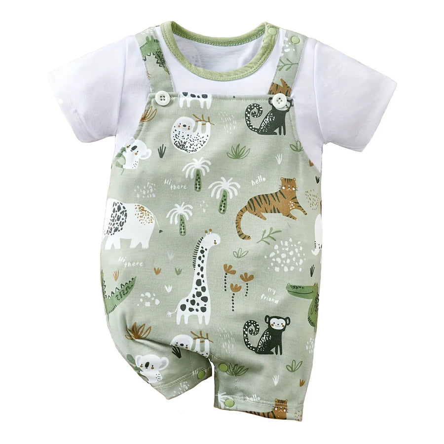 Adorable Infant Zoo Animal Print Romper for Boys - Stylish Newborn Faux Two-Piece Bodysuit with Short Sleeves for Playtime Fun