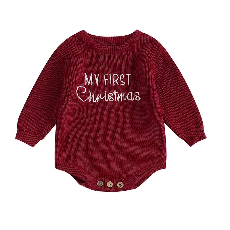 0-18M Newborn Baby Girl Boy Christmas Sweater Romper Letter Embroidery Long Sleeve Crew Neck Knit Bubble Jumpsuit