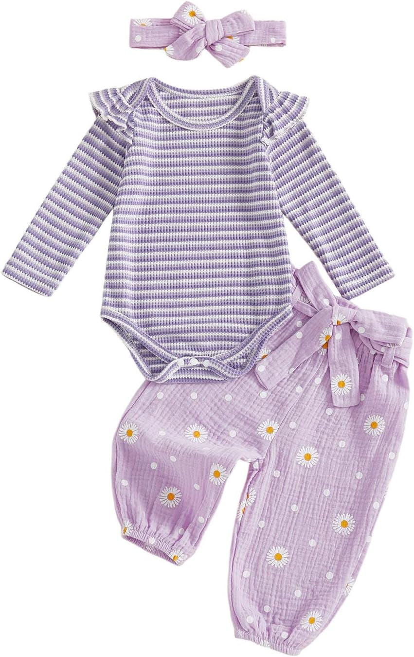 Newborn Infant Girl Clothes Rib Knit Romper Daisy Print Pants Headband Baby Clothes for Girls 0 3 6 12 18 24 Months