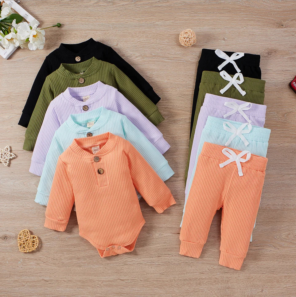 Adorable Infant Ribbed & Plaid 2-Piece Outfit Set for Boys & Girls - Long Sleeve Bodysuits with Elastic Pants for Spring & Autumn