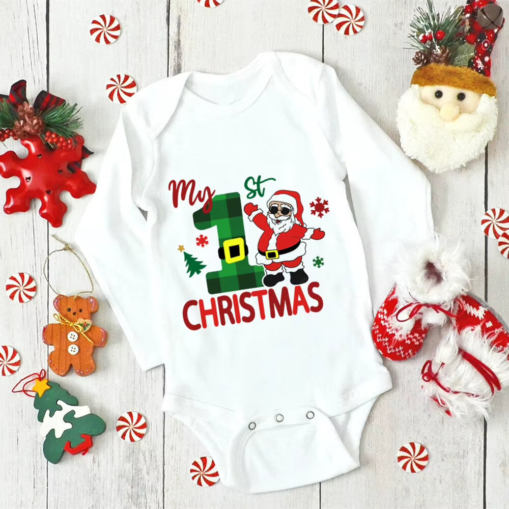 My First Christmas Newborn Baby Long Sleeve Romper Cartoon Deer Santa Printed Outfit Infant Baptism Bodysuit Clothes Xmas Gift