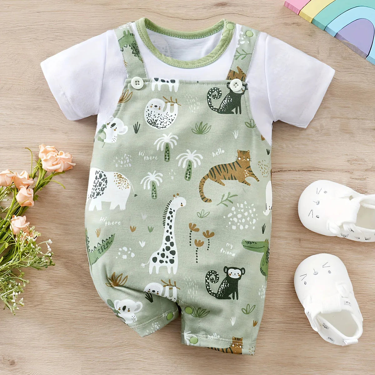 Adorable Infant Zoo Animal Print Romper for Boys - Stylish Newborn Faux Two-Piece Bodysuit with Short Sleeves for Playtime Fun