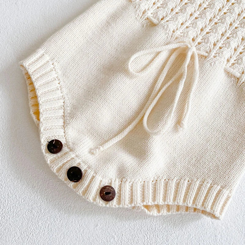 Charming Hollow Out Long Sleeve Knit Romper for Baby Girls - Perfect for Spring and Autumn