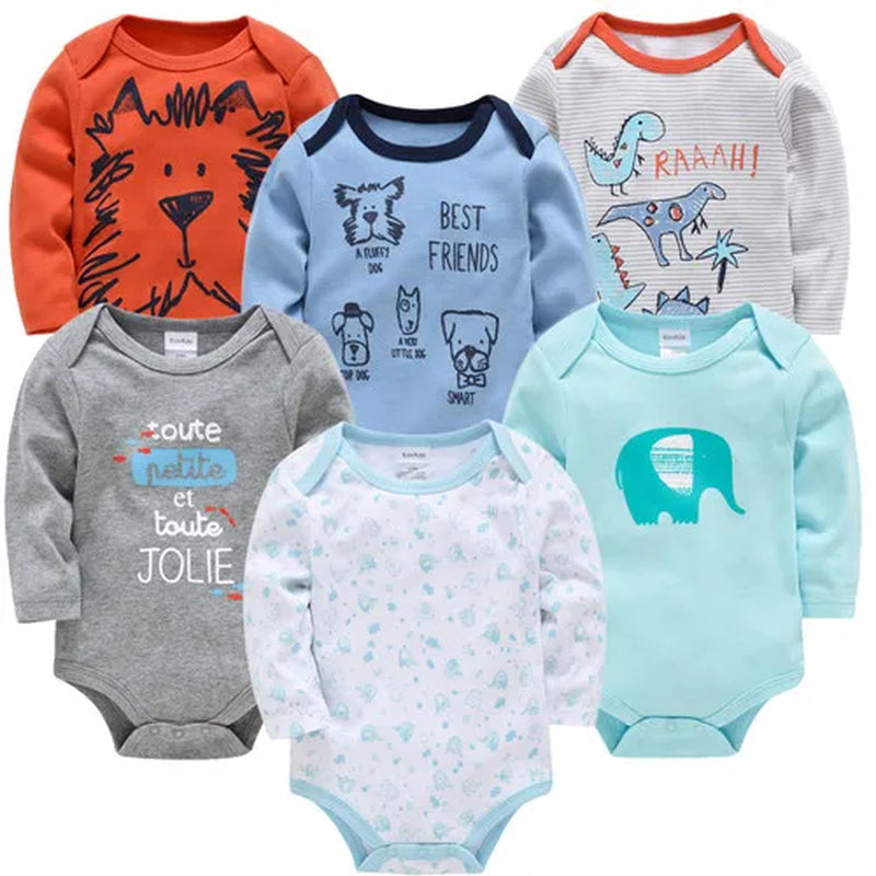 6-Piece Set of Long Sleeve 100% Cotton Bodysuits for Infants Aged 0-12 Months