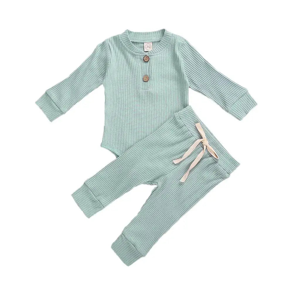 Adorable Infant Ribbed & Plaid 2-Piece Outfit Set for Boys & Girls - Long Sleeve Bodysuits with Elastic Pants for Spring & Autumn