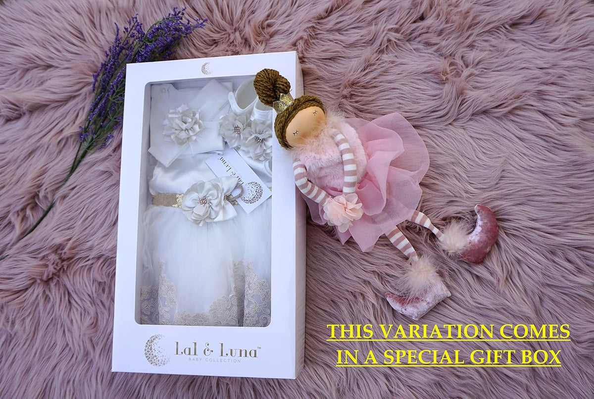 Adorable Newborn Baby Girl Lace Dress Set - 4-Piece Outfit for Special Occasions with Gift Box (0 Months, White & Gold)