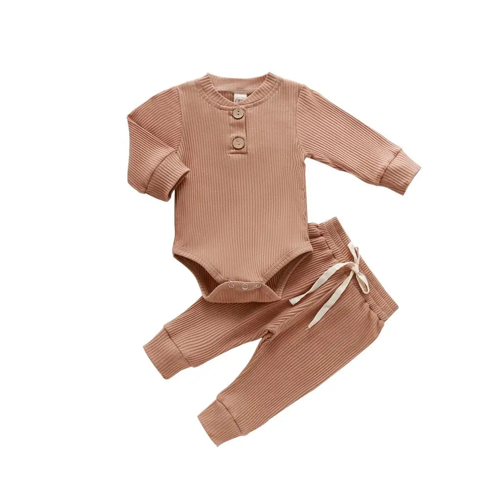 Adorable Infant Ribbed & Plaid 2-Piece Outfit Set for Boys & Girls - Long Sleeve Bodysuits with Elastic Pants for Spring & Autumn