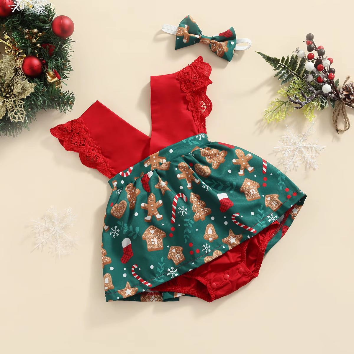 0-18M 1St Christmas Newborn Infant Baby Girls Romper Lace V Neck Jumpsuit Princess Baby Girl Xmas Clothing Costume D84