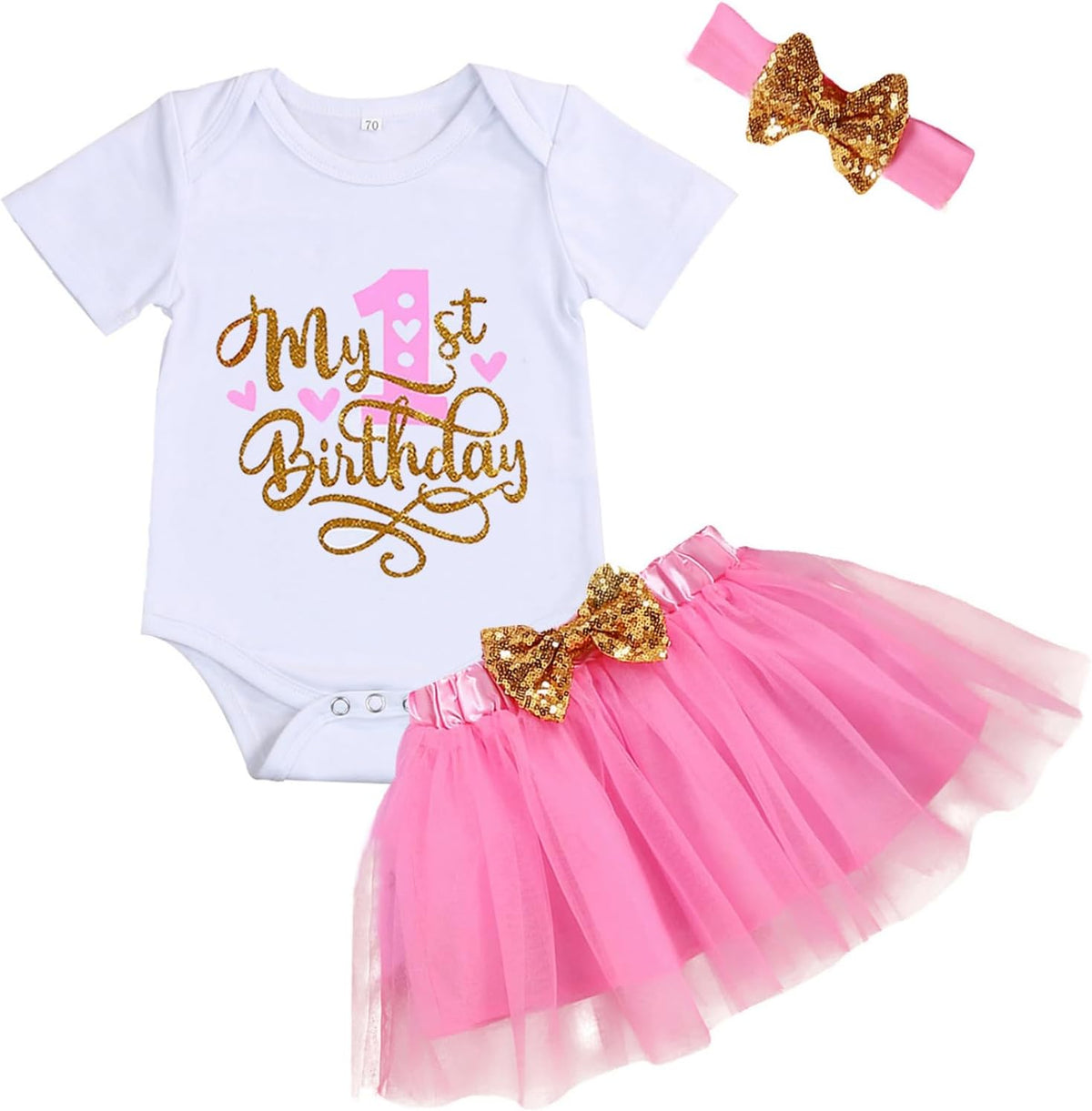 Adorable Toddler Girl's First Birthday Cake Smash Outfit Set - Romper, Tutu Skirt & Matching Headband