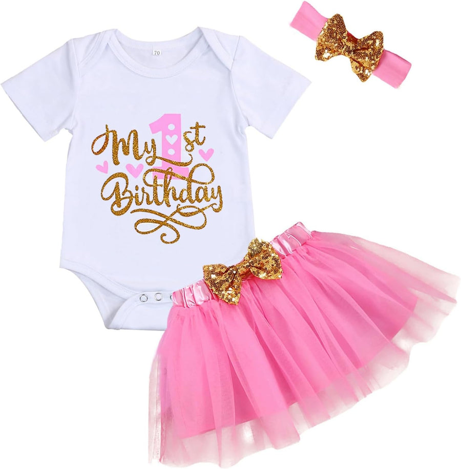 Adorable Toddler Girl's First Birthday Cake Smash Outfit Set - Romper, Tutu Skirt & Matching Headband