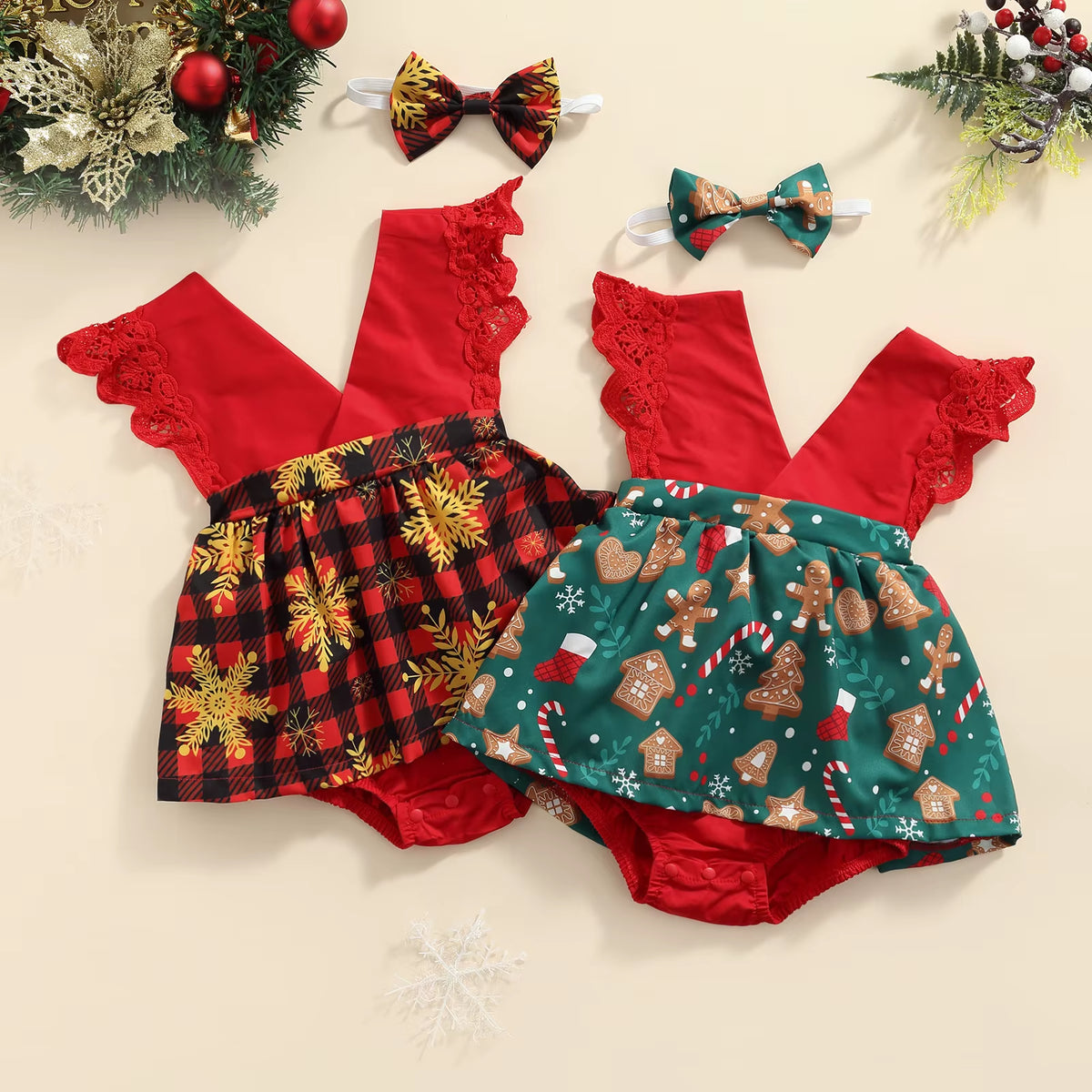 0-18M 1St Christmas Newborn Infant Baby Girls Romper Lace V Neck Jumpsuit Princess Baby Girl Xmas Clothing Costume D84
