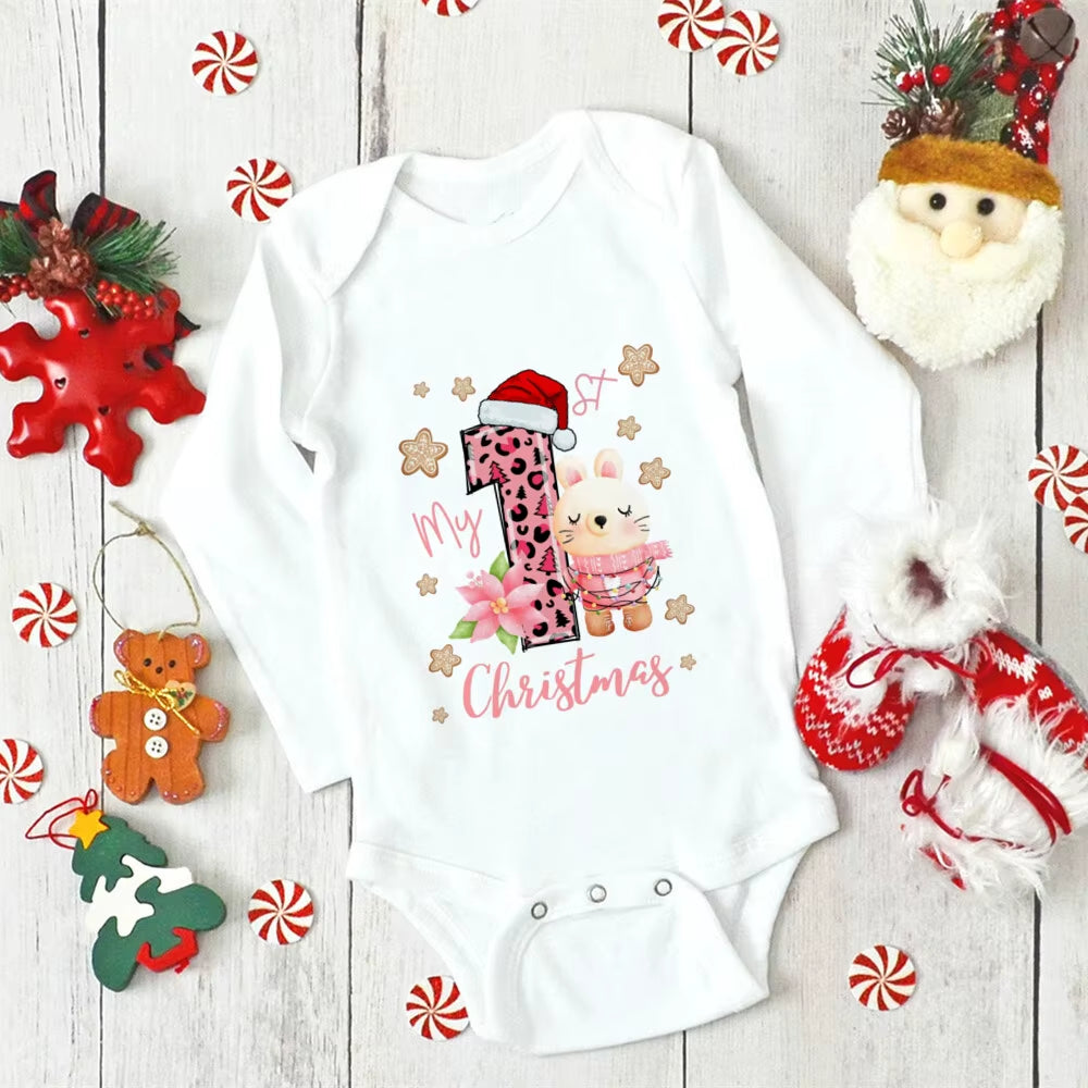 My First Christmas Newborn Baby Long Sleeve Romper Cartoon Deer Santa Printed Outfit Infant Baptism Bodysuit Clothes Xmas Gift