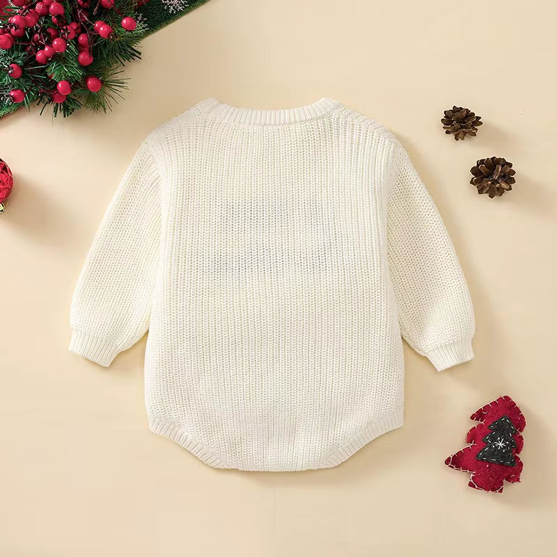 0-18M Newborn Baby Girl Boy Christmas Sweater Romper Letter Embroidery Long Sleeve Crew Neck Knit Bubble Jumpsuit