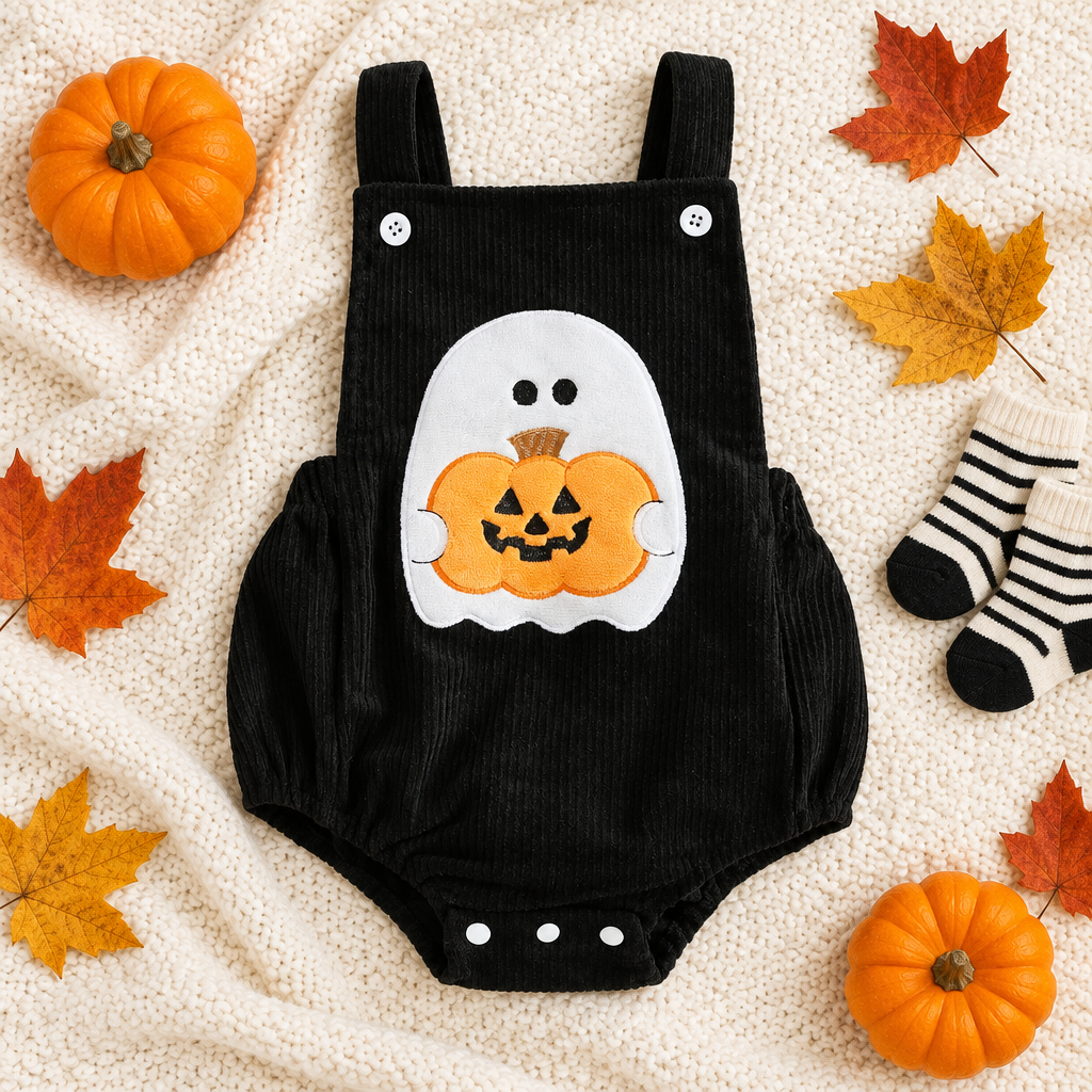 Ghost and pumpkin bubble romper in a Halloween flat lay