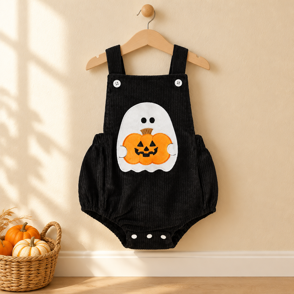 Ghost and pumpkin bubble romper on a hanger