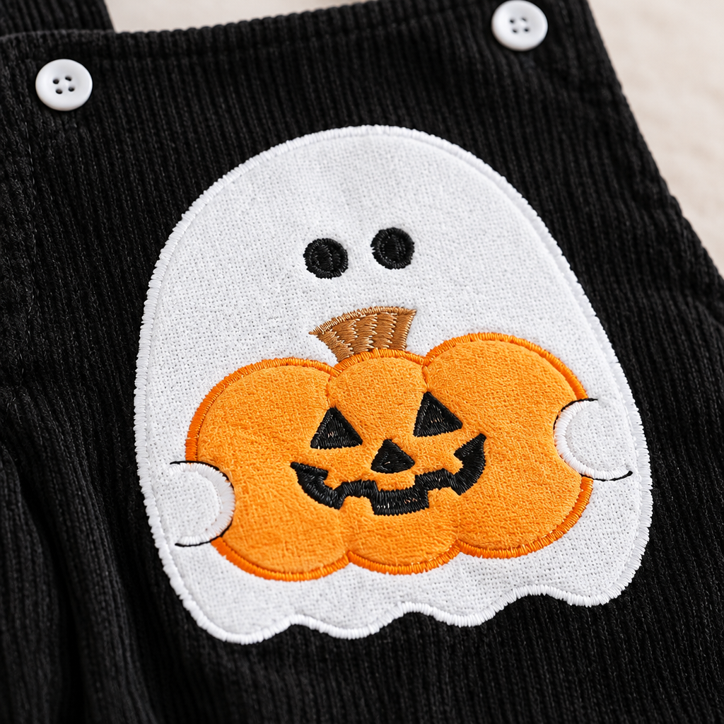Close-up of the ghost and pumpkin embroidery